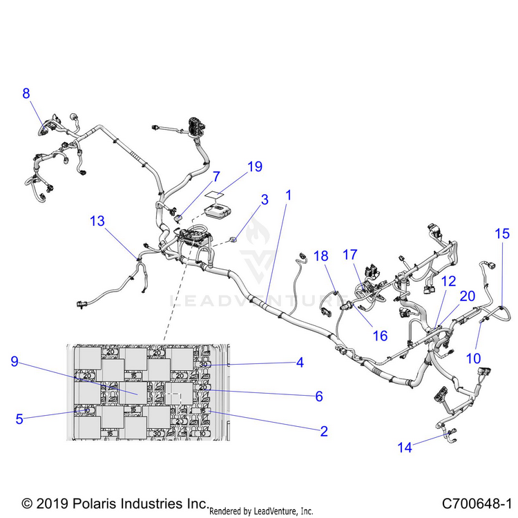 An Image of a Genuine Polaris Parts Schematic Diagram showing the schematic - ELECTRICAL: WIRE HARNESS - 2020 POLARIS RANGER CREW XP 1000 RIDE COMMAND