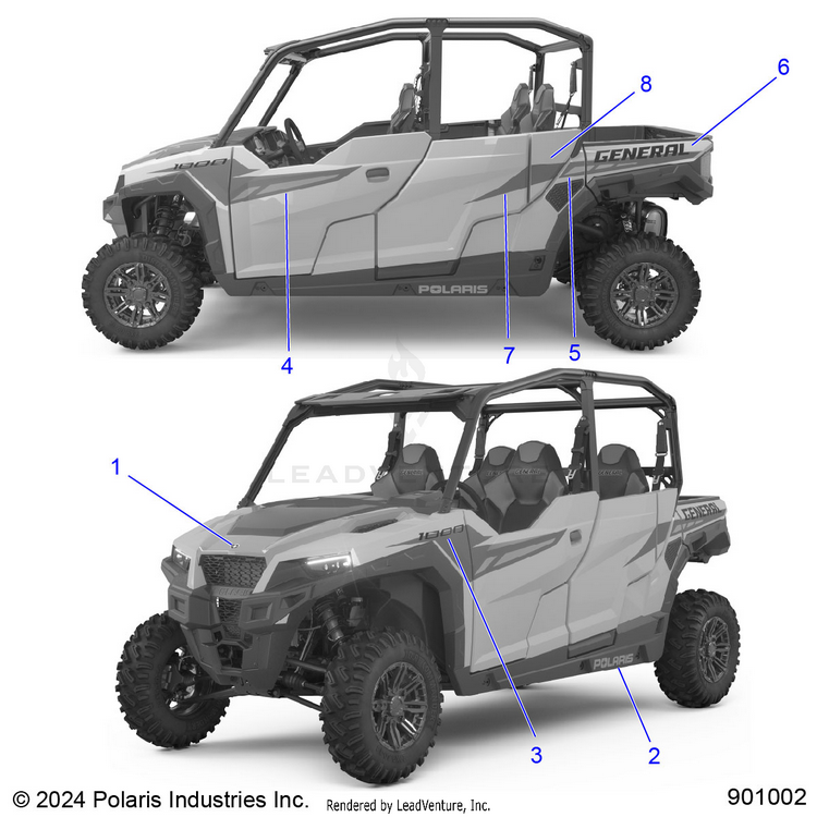 An Image of a Genuine Polaris Parts Schematic Diagram showing the schematic - BODY: DECALS - 2025 POLARIS GENERAL 4 1000 SPORT