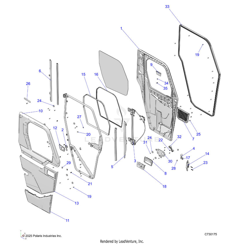 An Image of a Genuine Polaris Parts Schematic Diagram showing the schematic - BODY: DOOR FRONT - 2023 POLARIS RANGER 570 CREW NORTHSTAR