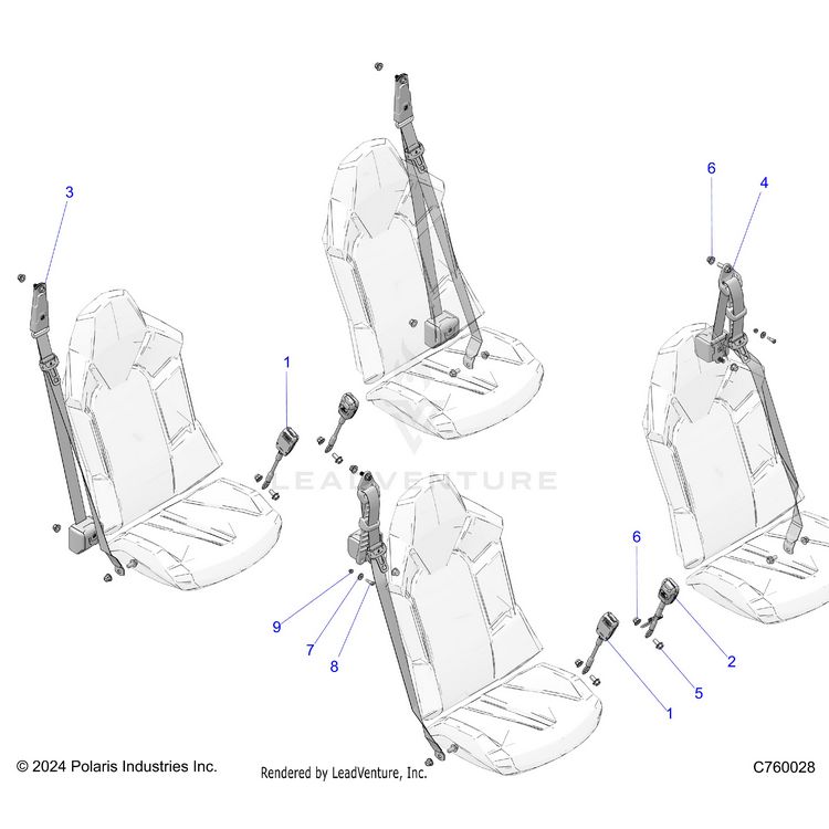 An Image of a Genuine Polaris Parts Schematic Diagram showing the schematic - BODY: SEAT BELT MOUNTING - 2025 POLARIS GENERAL 4 1000 SPORT