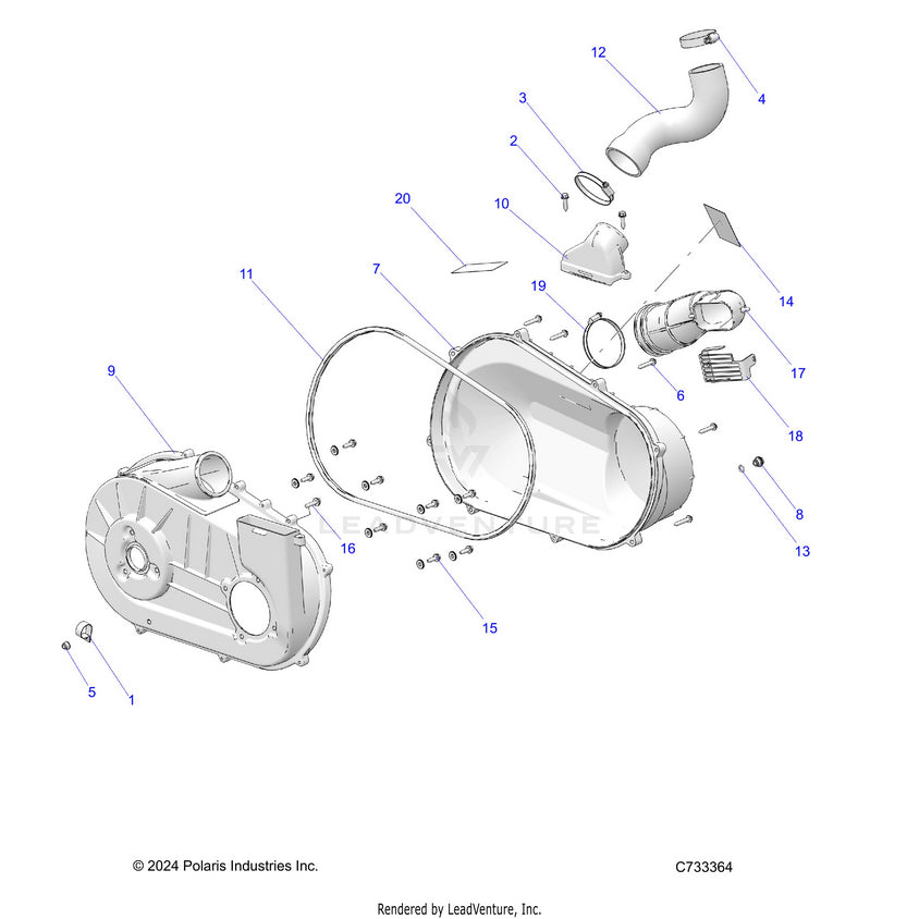 An Image of a Genuine Polaris Parts Schematic Diagram showing the schematic - DRIVE TRAIN: CLUTCH COVER & DUCTING - 2025 POLARIS RANGER 570 CREW