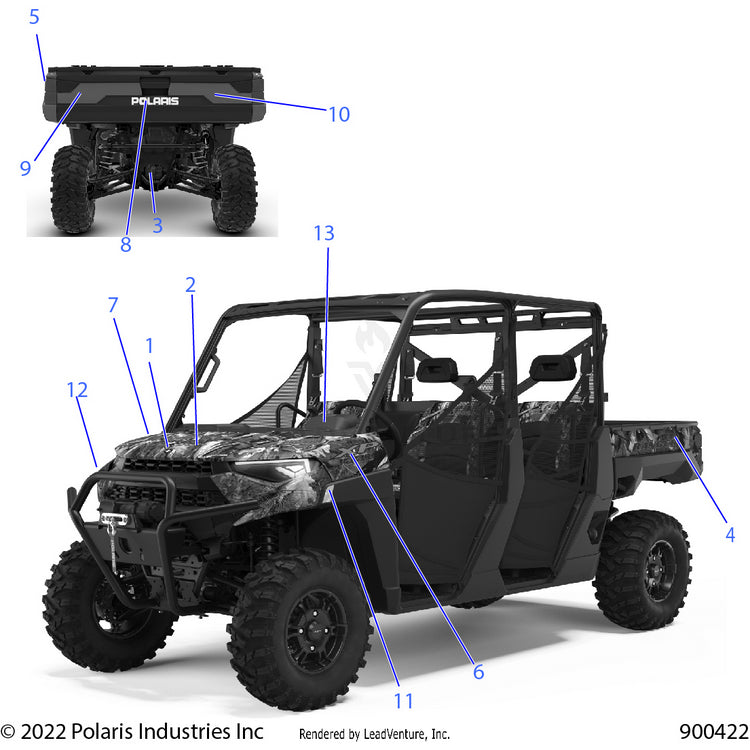 An Image of a Genuine Polaris Parts Schematic Diagram showing the schematic - BODY: DECALS GRAPHICS - 2022 POLARIS RANGER CREW XP 1000 BIG GAME EVAP