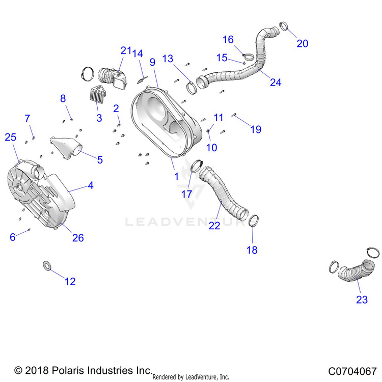 An Image of a Genuine Polaris Parts Schematic Diagram showing the schematic - DRIVE TRAIN: CLUTCH COVER AND DUCTING - 2022 POLARIS GENERAL XP 1000 DELUXE RIDE COMMAND