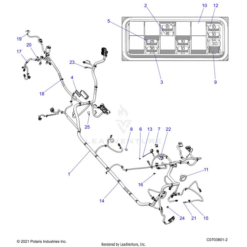 An Image of a Genuine Polaris Parts Schematic Diagram showing the schematic - ELECTRICAL: WIRE HARNESSES CHASSIS - 2023 POLARIS GENERAL XP 4 1000 SPORT