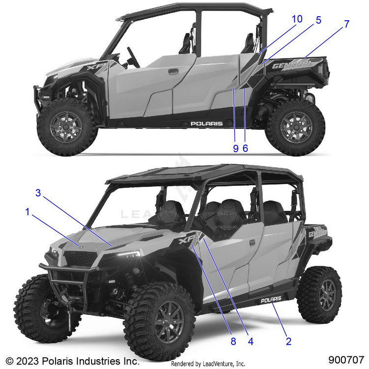 An Image of a Genuine Polaris Parts Schematic Diagram showing the schematic - BODY: DECALS - 2024 POLARIS GENERAL XP 4 1000 SPORT