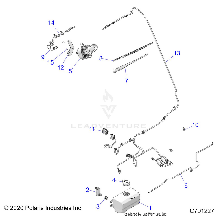 An Image of a Genuine Polaris Parts Schematic Diagram showing the schematic - BODY: WATER BOTTLE PUMP & WIPER KIT - 2021 POLARIS RANGER CREW XP 1000 NORTHSTAR