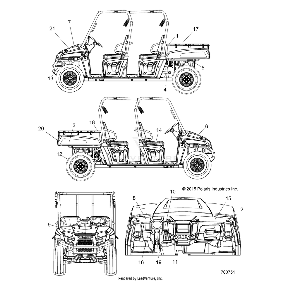 An Image of a Genuine Polaris Parts Schematic Diagram showing the schematic - BODY: DECALS - 2016 POLARIS RANGER CREW 570 EFI