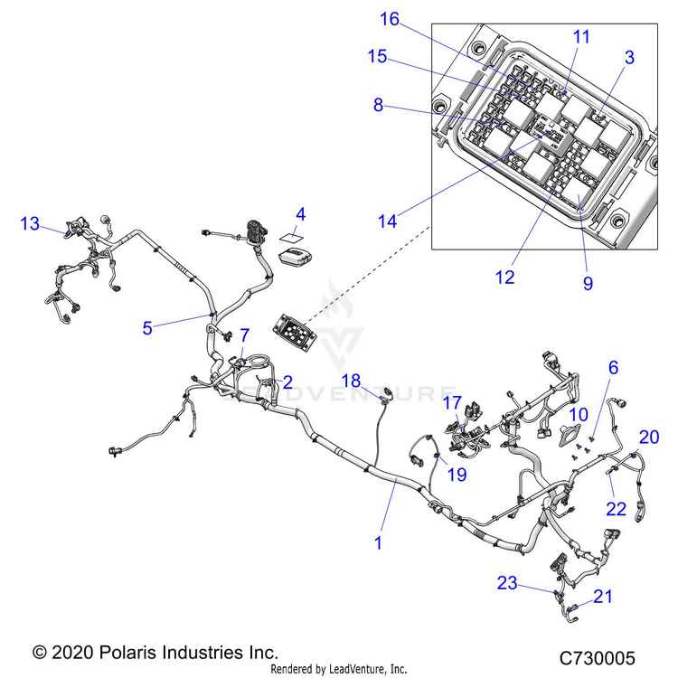 An Image of a Genuine Polaris Parts Schematic Diagram showing the schematic - ELECTRICAL: WIRE HARNESS - 2021 POLARIS RANGER CREW XP 1000 RIDE COMMAND