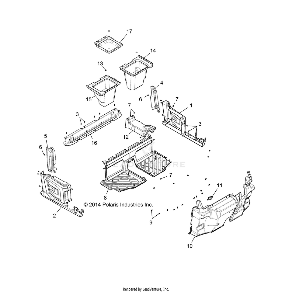 An Image of a Genuine Polaris Parts Schematic Diagram showing the schematic - BODY: FLOOR FRONT - 2016 POLARIS RANGER CREW 900
