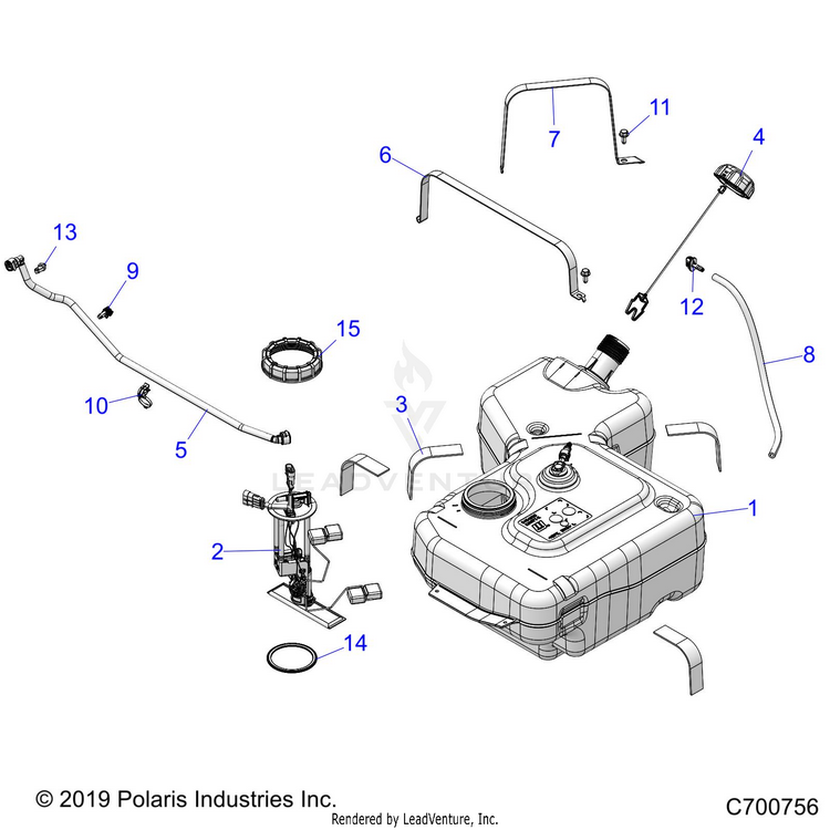 An Image of a Genuine Polaris Parts Schematic Diagram showing the schematic - BODY: FUEL TANK - 2022 POLARIS RANGER 1000 FULL SIZE