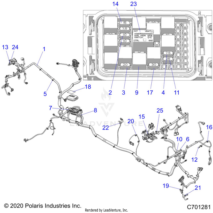 An Image of a Genuine Polaris Parts Schematic Diagram showing the schematic - ELECTRICAL: WIRE HARNESS - 2021 POLARIS RANGER CREW XP 1000 EPS TEXAS EDITION CA