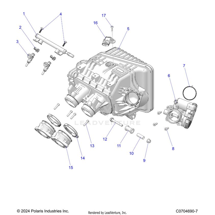 An Image of a Genuine Polaris Parts Schematic Diagram showing the schematic - ENGINE: INTAKE MANIFOLD THROTTLE BODY FUEL RAIL - 2024 POLARIS XPEDITION XP5 ULTIMATE