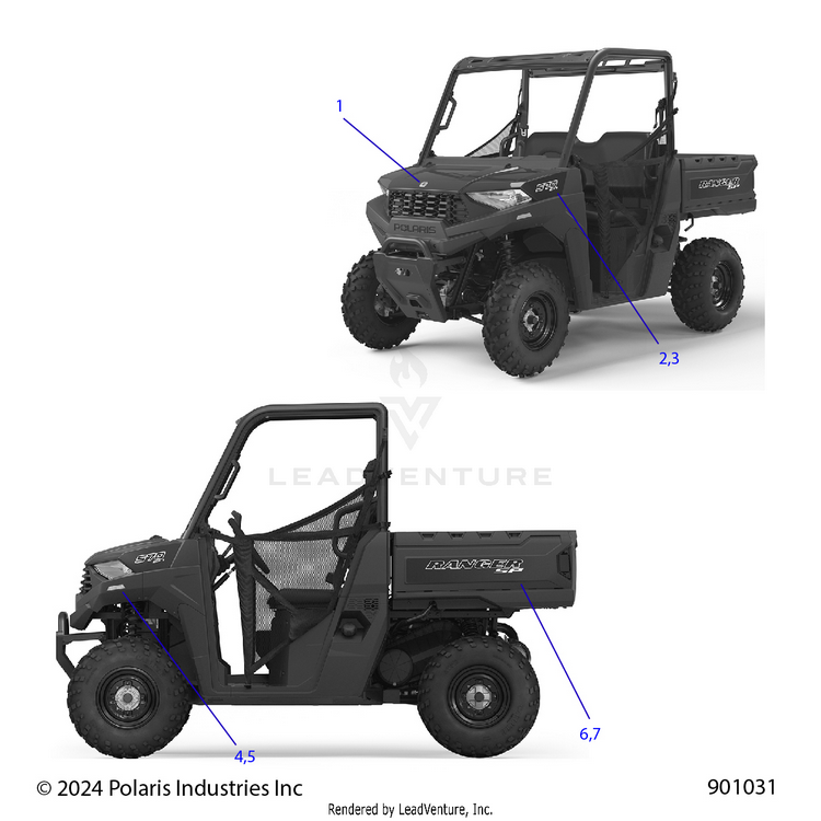 An Image of a Genuine Polaris Parts Schematic Diagram showing the schematic - BODY: DECALS GRAPHIC - 2025 POLARIS RANGER 570
