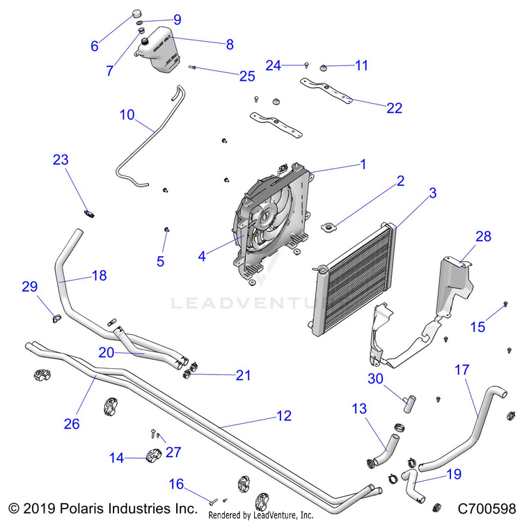 An Image of a Genuine Polaris Parts Schematic Diagram showing the schematic - ENGINE: COOLING SYSTEM - 2020 POLARIS RANGER CREW 1000 FULL SIZE EPS FO