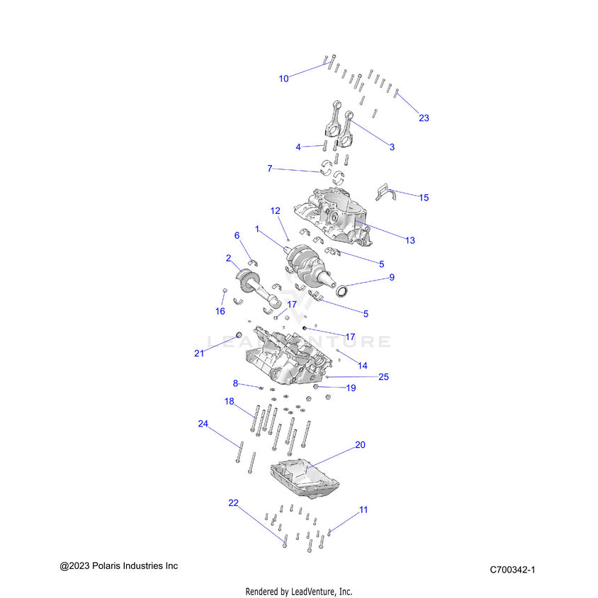 An Image of a Genuine Polaris Parts Schematic Diagram showing the schematic - ENGINE: CRANKCASE & CRANKSHAFT - 2025 POLARIS RANGER 1000 XP CREW TEXAS EDITION