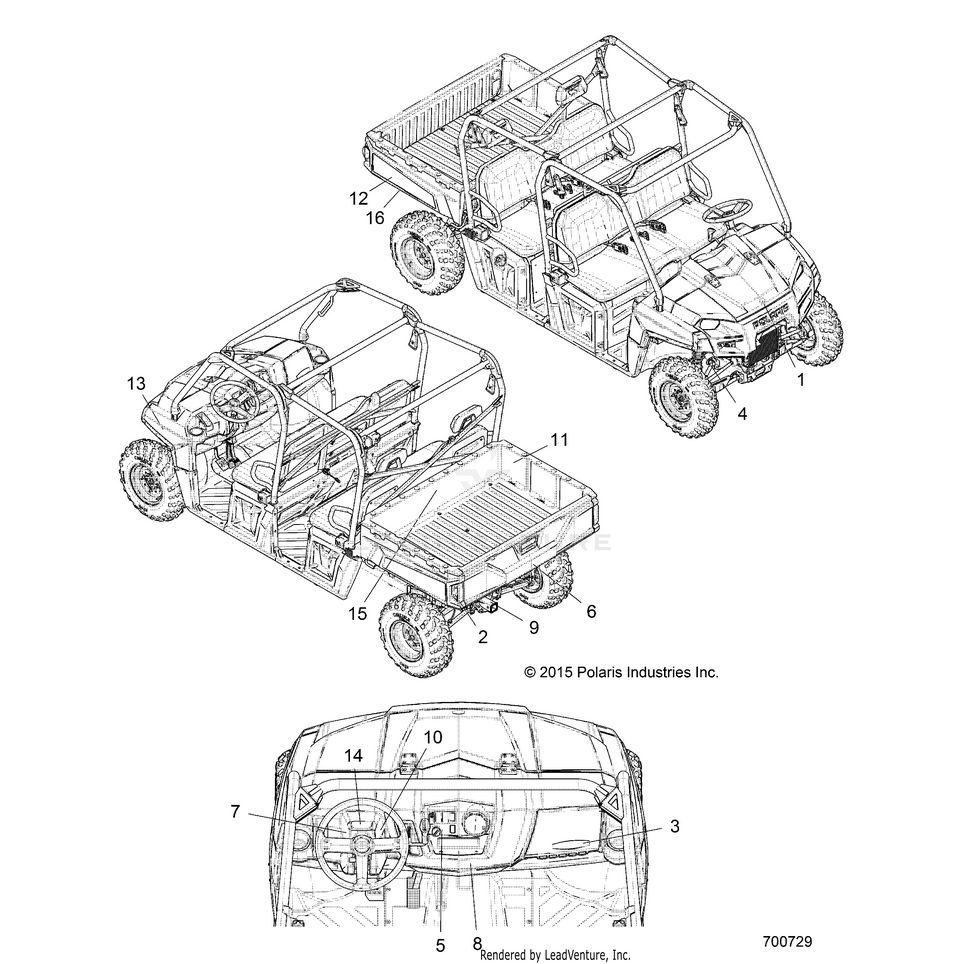 An Image of a Genuine Polaris Parts Schematic Diagram showing the schematic - BODY: DECALS - 2020 POLARIS RANGER CREW 570 FULL SIZE