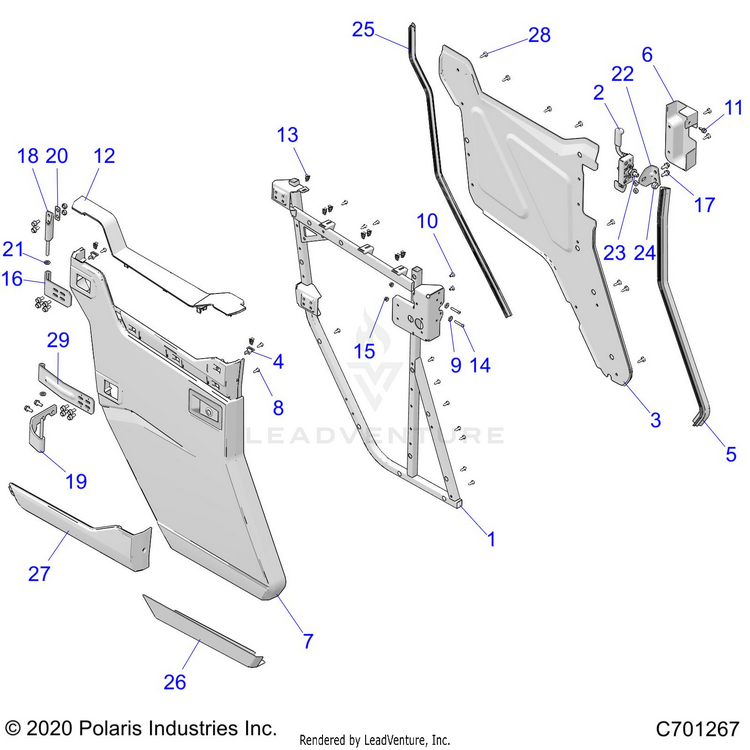 An Image of a Genuine Polaris Parts Schematic Diagram showing the schematic - BODY: REAR DOORS - 2022 POLARIS RANGER CREW XP 1000 HIGH LIFTER