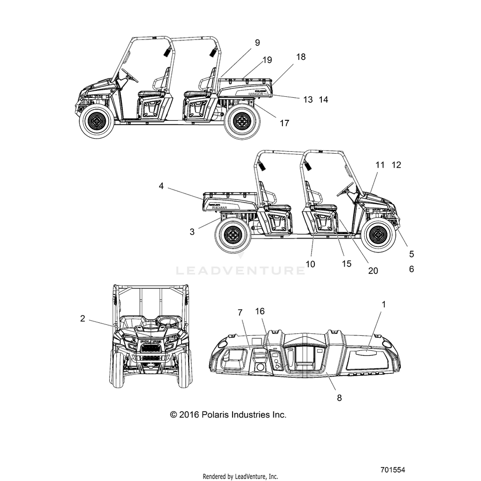 An Image of a Genuine Polaris Parts Schematic Diagram showing the schematic - BODY: DECALS - 2018 POLARIS RANGER CREW 1000 DIESEL