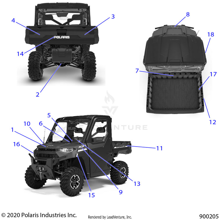 An Image of a Genuine Polaris Parts Schematic Diagram showing the schematic - BODY: DECALS - 2021 POLARIS RANGER XP 1000 NORTHSTAR ULTIMATE