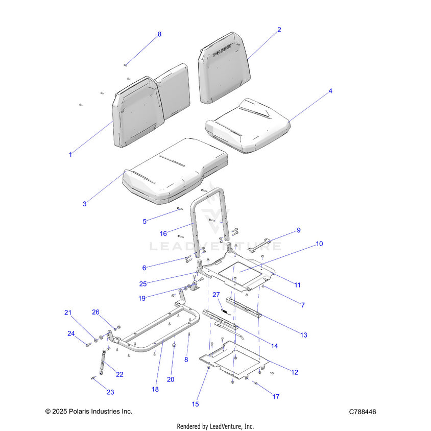 An Image of a Genuine Polaris Parts Schematic Diagram showing the schematic - BODY: SEAT ASSEMBLY & SLIDER - 2026 POLARIS RANGER 1000 XP PREMIUM
