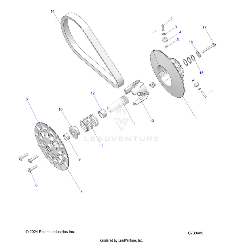 An Image of a Genuine Polaris Parts Schematic Diagram showing the schematic - DRIVE TRAIN: SECONDARY CLUTCH - 2025 POLARIS RANGER 570 NORTHSTAR