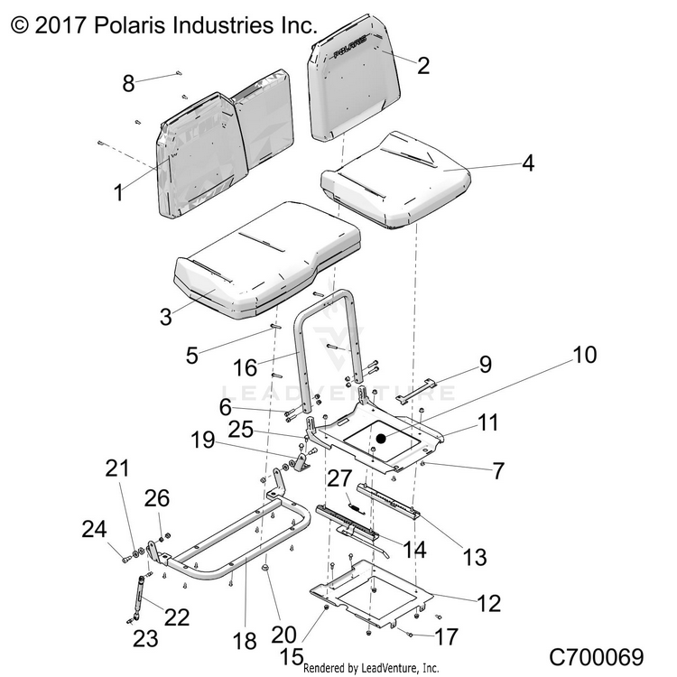 An Image of a Genuine Polaris Parts Schematic Diagram showing the schematic - BODY: SEAT & SLIDER - 2021 POLARIS RANGER XP 1000 WATERFOWL EVAP