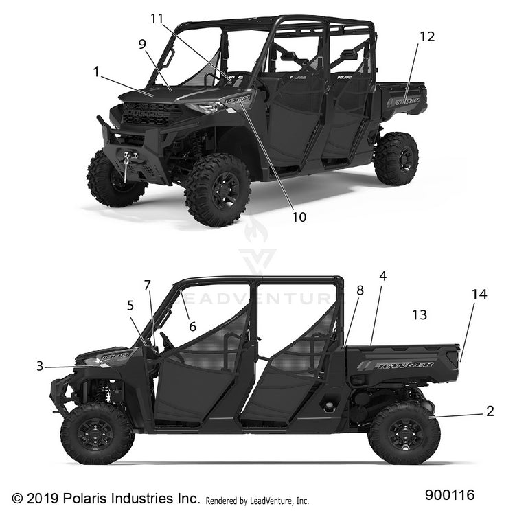 An Image of a Genuine Polaris Parts Schematic Diagram showing the schematic - BODY: DECALS - 2020 POLARIS RANGER CREW 1000 EPS FULL SIZE