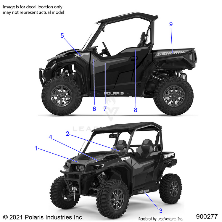 An Image of a Genuine Polaris Parts Schematic Diagram showing the schematic - BODY: DECALS - 2021 POLARIS GENERAL XP 1000 DELUXE