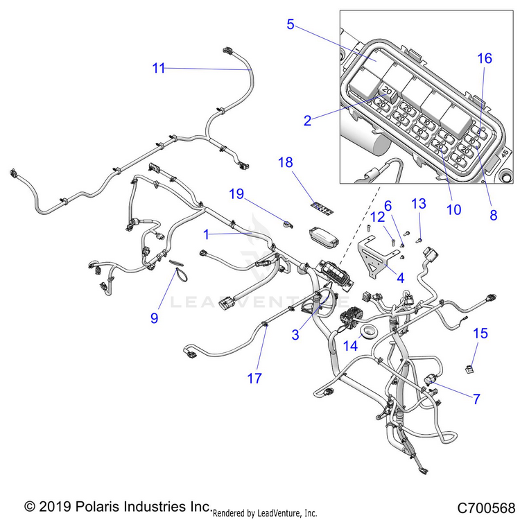 An Image of a Genuine Polaris Parts Schematic Diagram showing the schematic - ELECTRICAL: WIRE HARNESSES - 2020 POLARIS RANGER 570