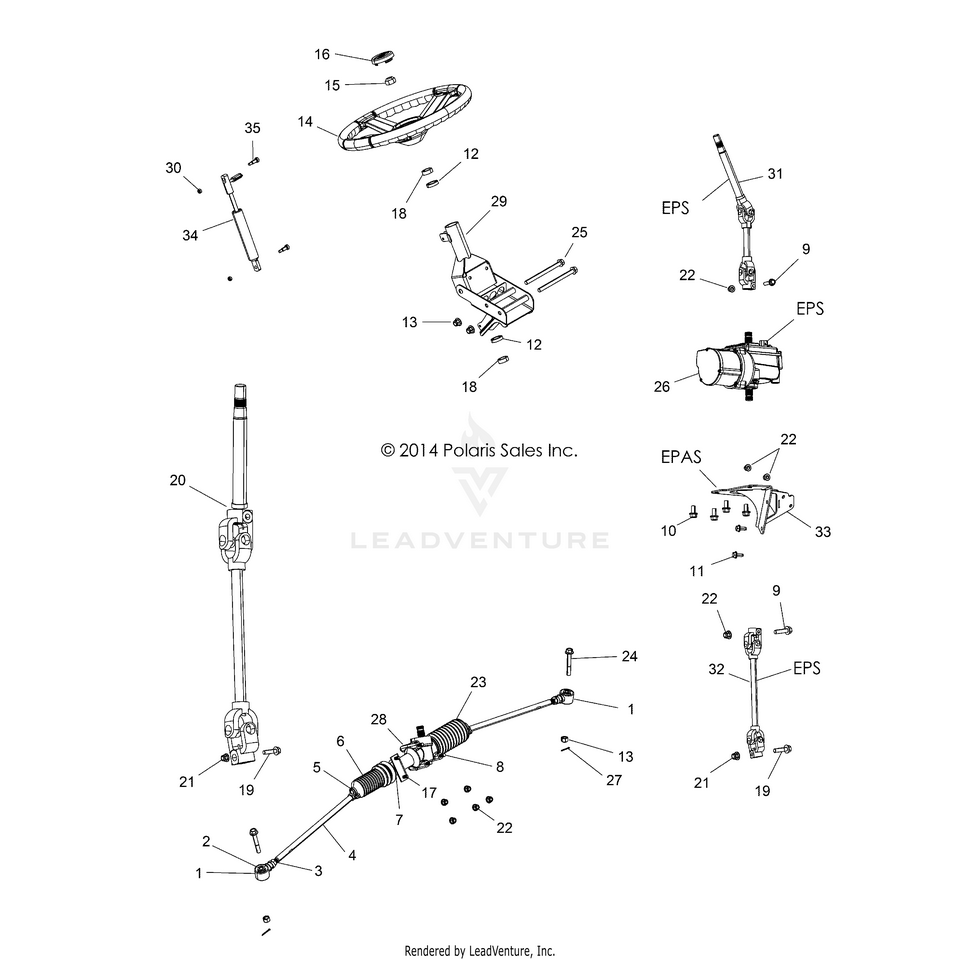 An Image of a Genuine Polaris Parts Schematic Diagram showing the schematic - STEERING: STEERING - 2015 POLARIS RANGER 570 FULL SIZE