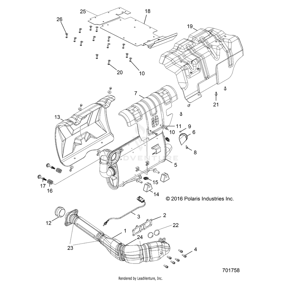 An Image of a Genuine Polaris Parts Schematic Diagram showing the schematic - ENGINE: EXHAUST SYSTEM - 2018 POLARIS GENERAL 1000 4 EPS