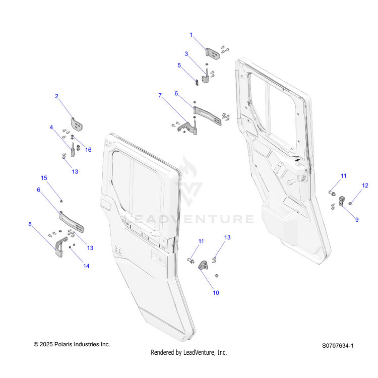 An Image of a Genuine Polaris Parts Schematic Diagram showing the schematic - BODY: DOOR REAR MOUNTING - 2025 POLARIS RANGER 1000 XP CREW NORTHSTAR TEXAS EDITION