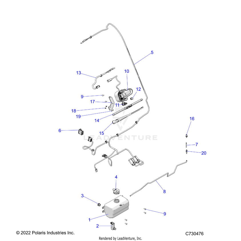 An Image of a Genuine Polaris Parts Schematic Diagram showing the schematic - BODY: WATER BOTTLE PUMP & WIPER KIT - 2023 POLARIS RANGER XP 1000 NORTHSTAR EVAP