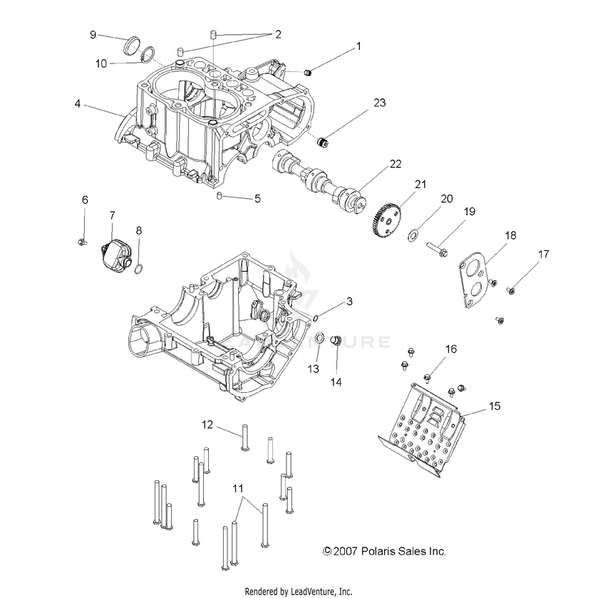 An Image of a Genuine Polaris Parts Schematic Diagram showing the schematic - ENGINE: CRANKCASE - 2016 POLARIS RANGER 800 6X6