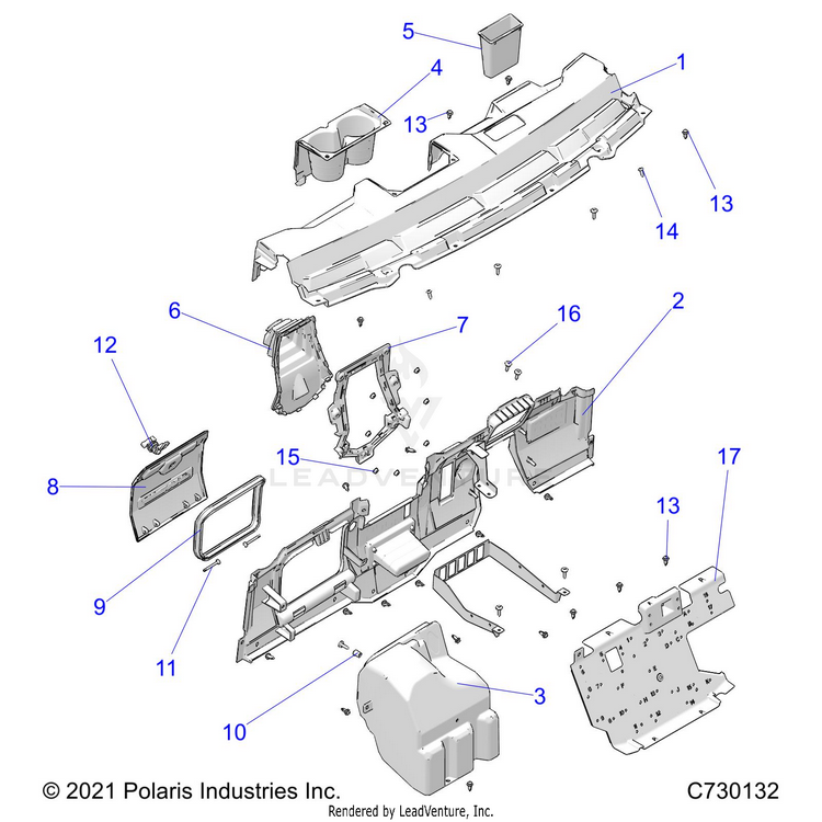 An Image of a Genuine Polaris Parts Schematic Diagram showing the schematic - BODY: DASH - 2022 POLARIS RANGER CREW 570