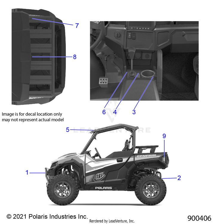 An Image of a Genuine Polaris Parts Schematic Diagram showing the schematic - BODY: DECALS WARNING - 2022 POLARIS GENERAL XP 1000 LE TROY LEE