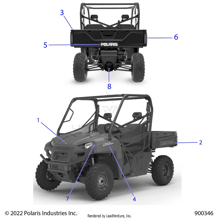 An Image of a Genuine Polaris Parts Schematic Diagram showing the schematic - BODY: DECALS GRAPHICS - 2023 POLARIS RANGER 570 FULL SIZE