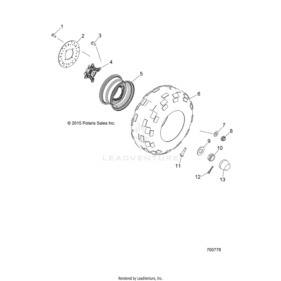 An Image of a Genuine Polaris Parts Schematic Diagram showing the schematic - WHEELS: FRONT - 2022 POLARIS RANGER 570 FULL SIZE