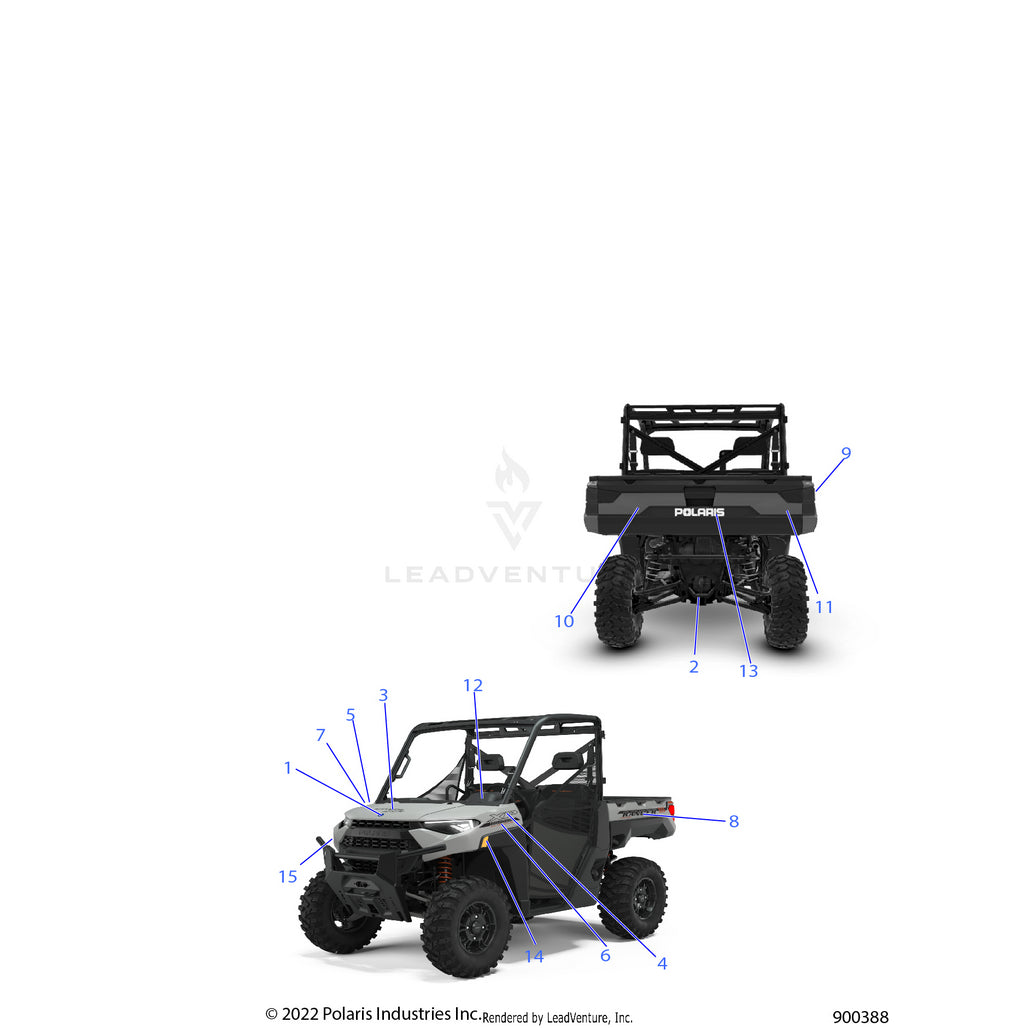 An Image of a Genuine Polaris Parts Schematic Diagram showing the schematic - BODY: DECALS GRAPHICS - 2022 POLARIS RANGER XP 1000