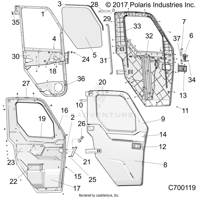 An Image of a Genuine Polaris Parts Schematic Diagram showing the schematic - BODY: DOOR FRONT FULL - 2019 POLARIS RANGER CREW XP 1000 NORTHSTAR RIDE COMMAND