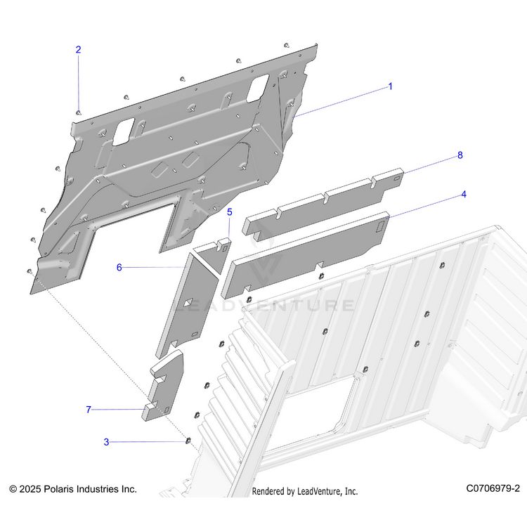 An Image of a Genuine Polaris Parts Schematic Diagram showing the schematic - BODY: BOX FOAM AND SHIELDS - 2025 POLARIS XPEDITION ADV 5 NORTHSTAR