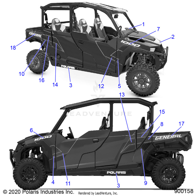 An Image of a Genuine Polaris Parts Schematic Diagram showing the schematic - BODY: DECALS - 2020 POLARIS GENERAL 4 1000 DELUXE OPT1