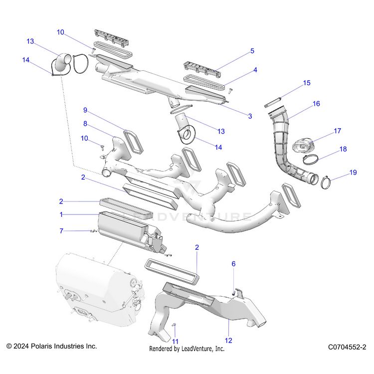 An Image of a Genuine Polaris Parts Schematic Diagram showing the schematic - BODY: HVAC DUCTING - 2024 POLARIS XPEDITION ADV 5 NORTHSTAR