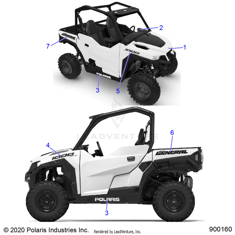 An Image of a Genuine Polaris Parts Schematic Diagram showing the schematic - BODY: DECALS (3) - 2020 POLARIS GENERAL 1000 DELUXE EPS