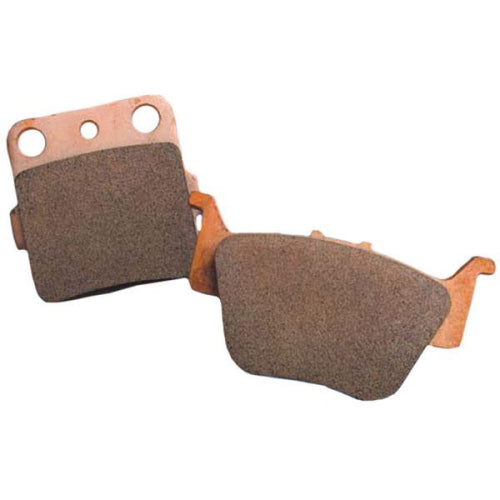 Pair of bronzed metal sintered brake pads with textured friction surface and mounting holes.