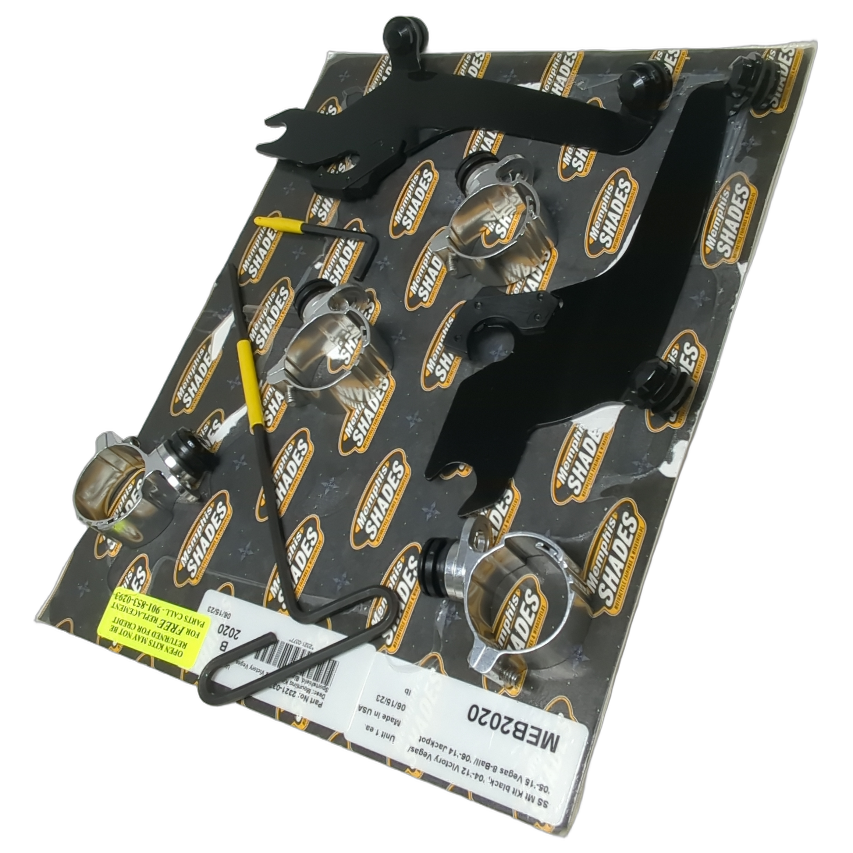 Black metal trigger-lock mounts with chrome clamp hardware displayed on branded packaging board.