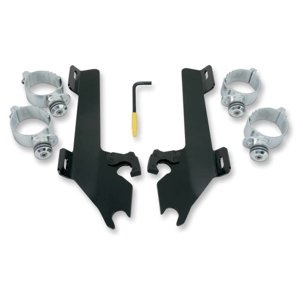 Black metal batwing fairing trigger lock mounts with four silver clamps and a yellow-tipped Allen wrench.