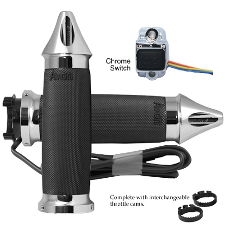 Black textured motorcycle heated grips with chrome spike ends and chrome switch with multicolor wires.
