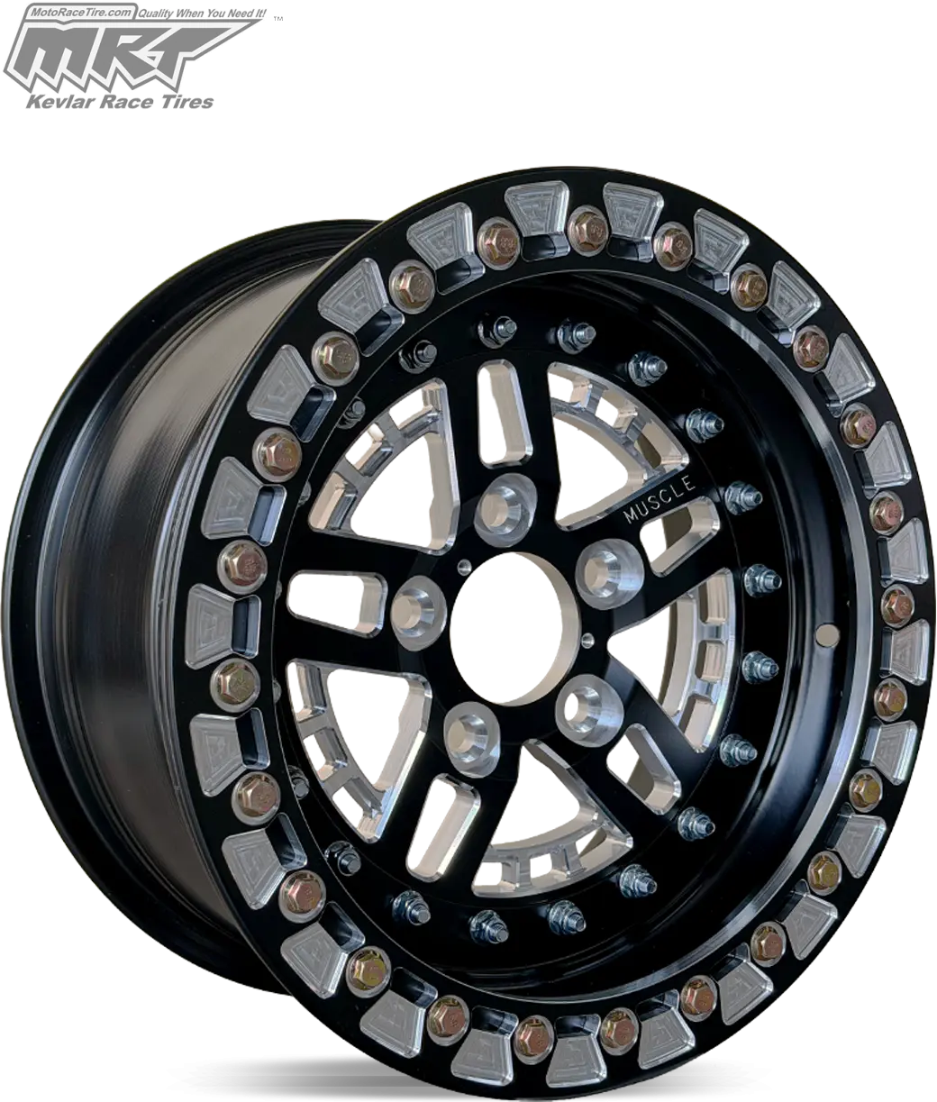 Black MRT Machine Gunner beadlock wheel with a multi-spoke center and exposed silver perimeter bolts.