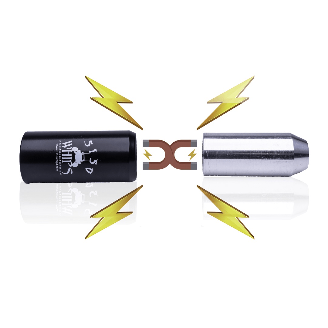 A black metal cylinder and a silver bullet-shaped object, resembling the Magnetic Base Conversion Kit by 5150 Whips, face each other with a magnet icon and electric bolts between them, suggesting magnetic quick release or interaction.